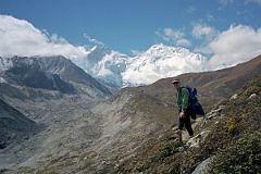 
After my pack lunch, I continued across the upward slanting very loose scree slope, rounded a corner and there it was as big as life, the full view of the east faces of both Lhotse to Everest. WOW! 
